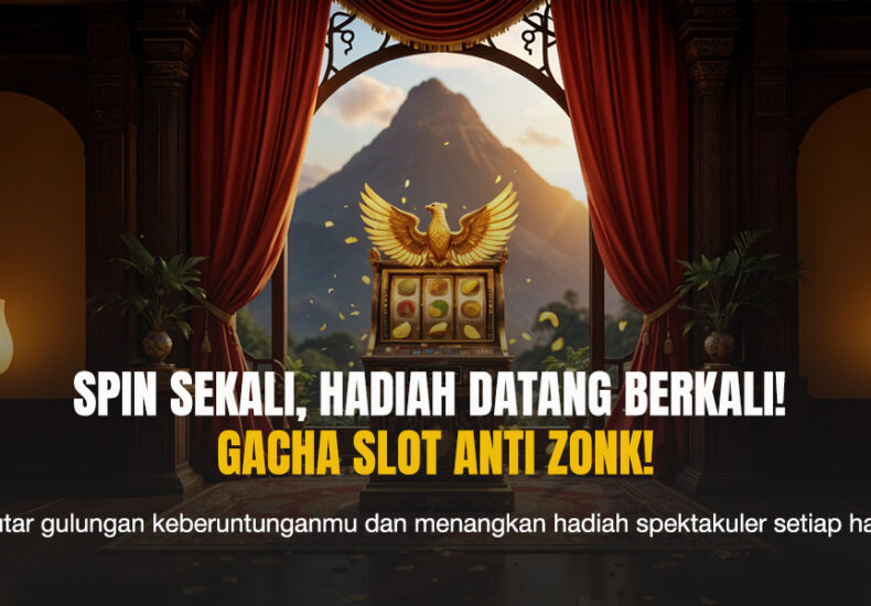 Mesin slot Divine Fortune berbalut emas dengan simbol dewa dan koin berkilau, berdiri di tengah aula mewah berlatar gunung megah.